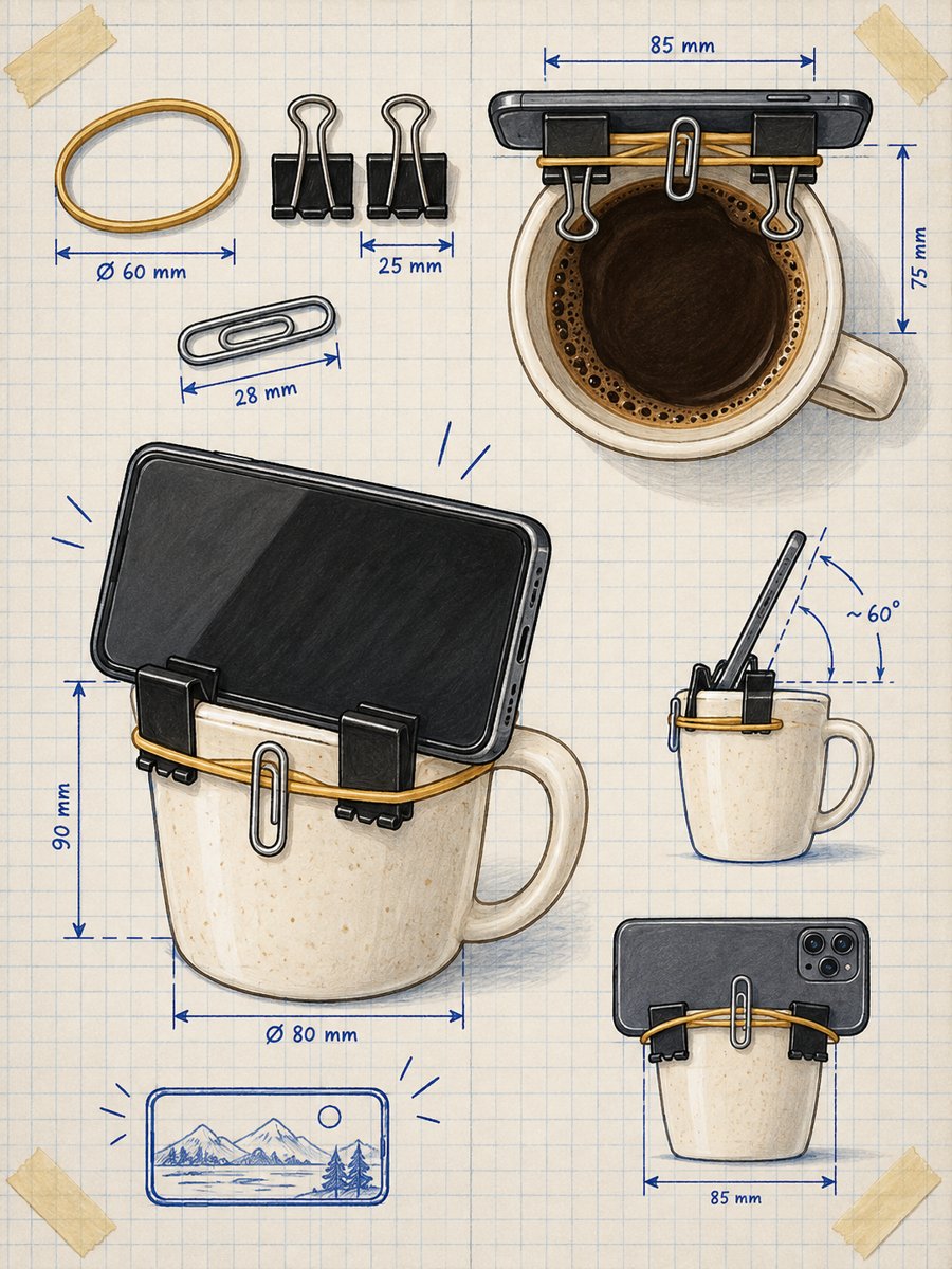 Binder clips, rubber band and coffee cup phone stand